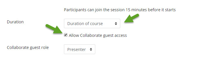 Image of collaborate settings.  Green arrow pointing to duration drop-box and check-box for "Allow Collaborate guest access.