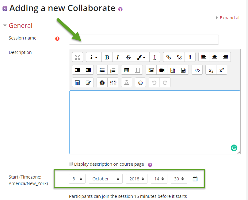 Image of Collaborate settings. Green arrows pointing to session name and start time options.