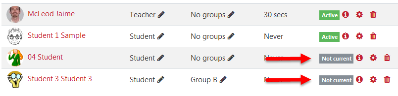 A list of enrolled users with status shown as a gray box that says Not current