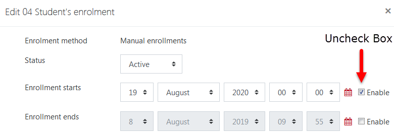 Pop box displays enrollment start and end dates with enable checkboxes. THe start date box is checked in the image.