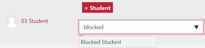 Student role appears above search box with the word blocked in the search box and the blocked student role showing as an option