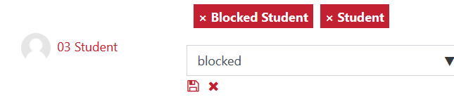 Blocked student role added, small red disk icon located below search box beside an x