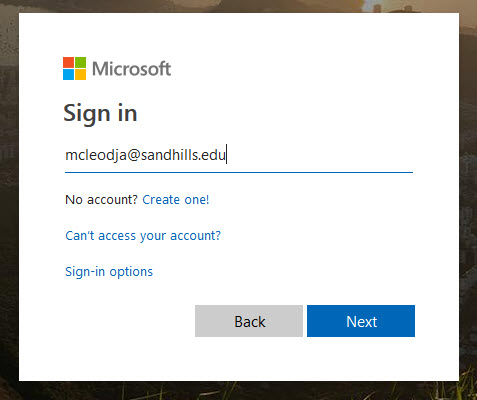 Sign in screen with the email address mcleodja@sandhills.edu