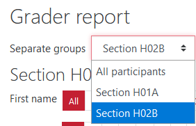 Gradebook select all participants, section H01A or H01B