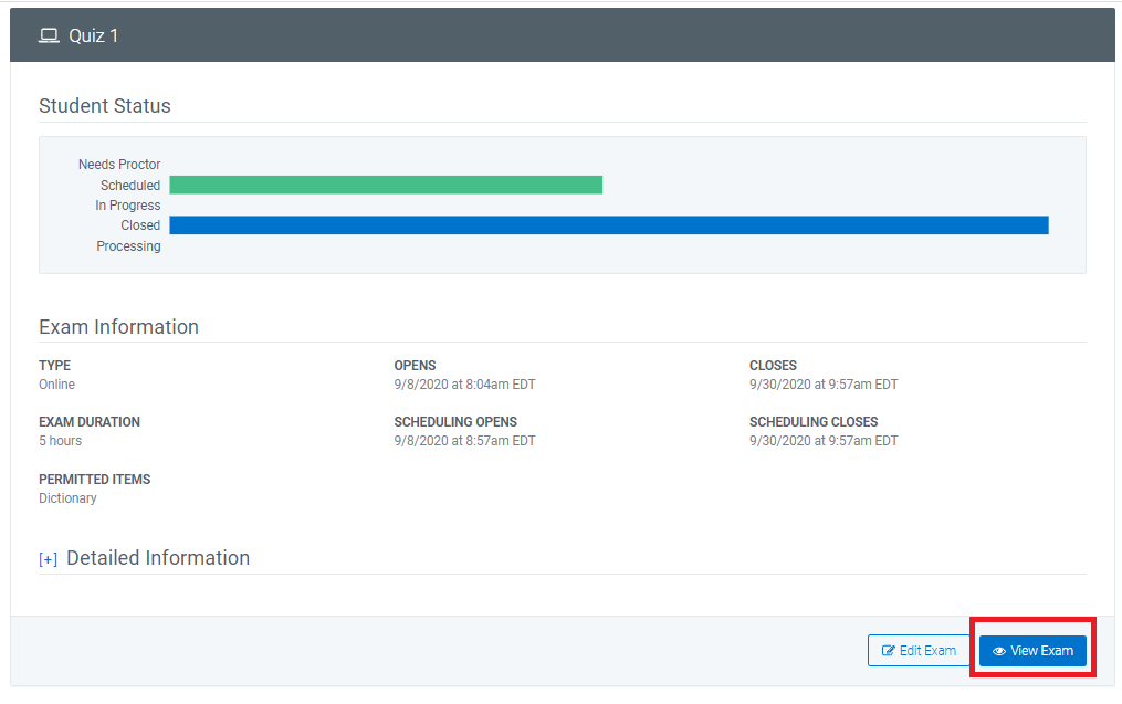 Screenshot of Smarter Proctoring dashboard pointing to View Exam button