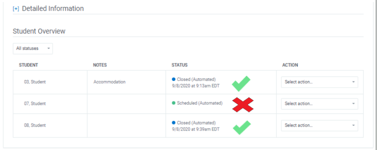 Screenshot of completed student sessions that can be reviewed by instructor