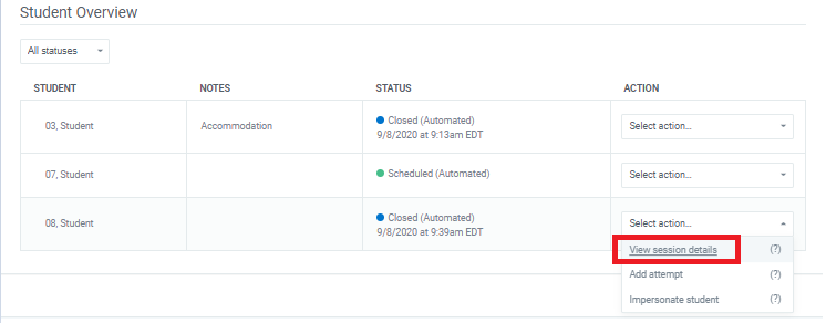 Screenshot of closed student session pointing to "View Session details" option