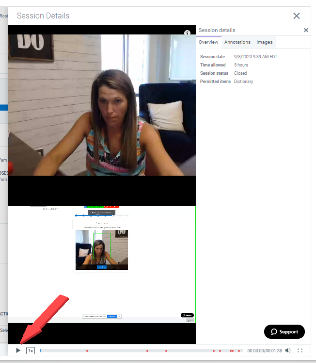 Screenshot of the Session Details pop up window pointing to video's play button.