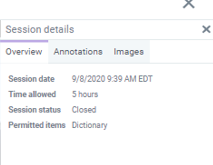 Screenshot of the three session detail tabs named overview, annotations, and images