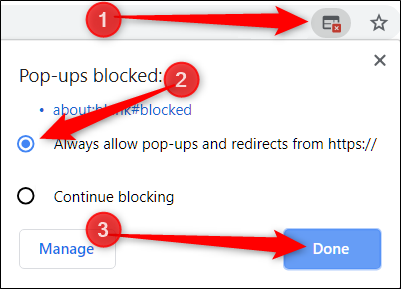 Screenshot of clicking the blocked popup icon, select Always Allow Popups and Redirects, then click Done