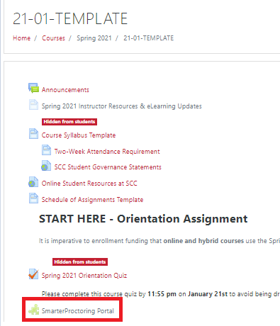 Screenshot of SmarterProctoring portal link in Moodle