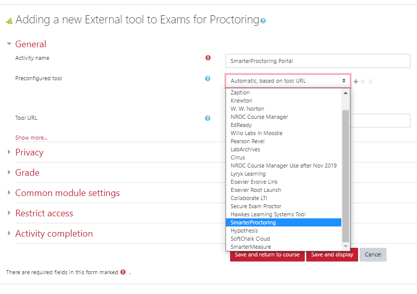 Screenshot of SmarterProctoring on dropdown for preconfigured tool