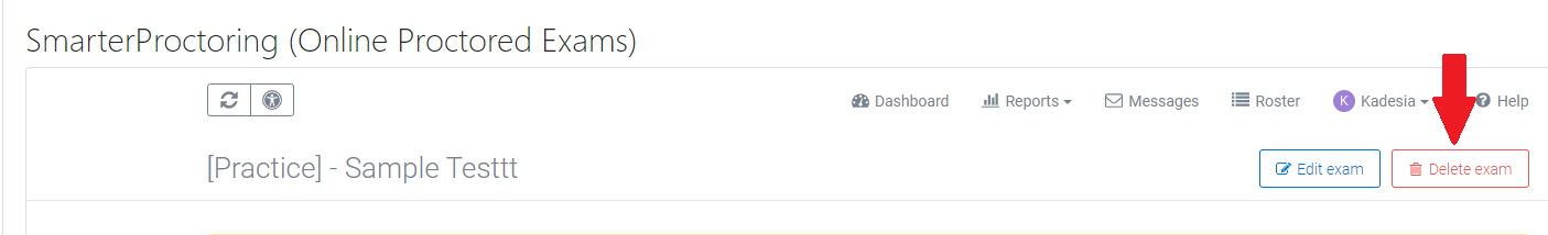 Screenshot of delete exam button in Smarter Proctoring