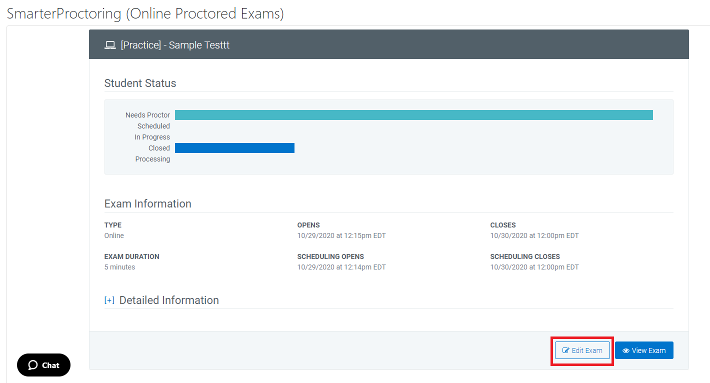 Screenshot of edit exam button in Smarter Proctoring