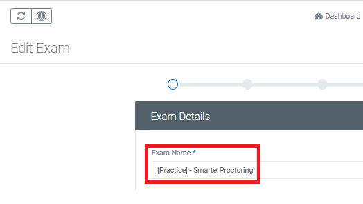 Screenshot of exam name field in SmarterProctoring