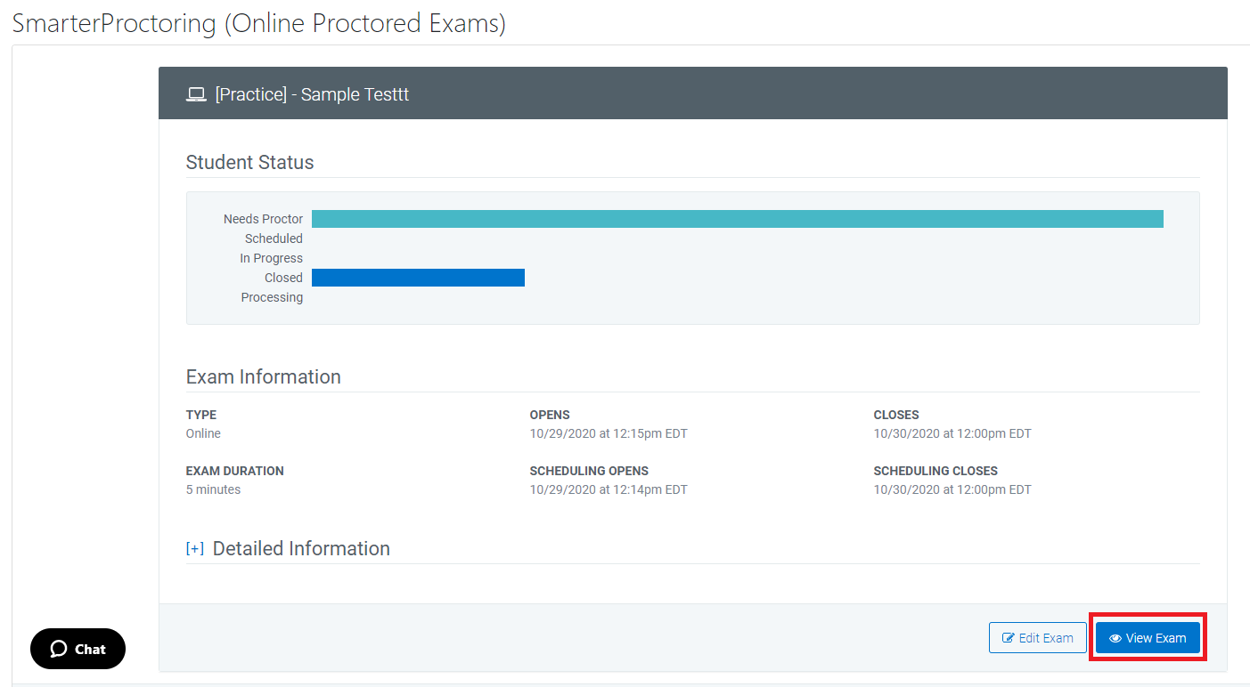 Screenshot of View exam button in Smarter Proctoring