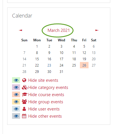 Screenshot of calendar month and year displayed