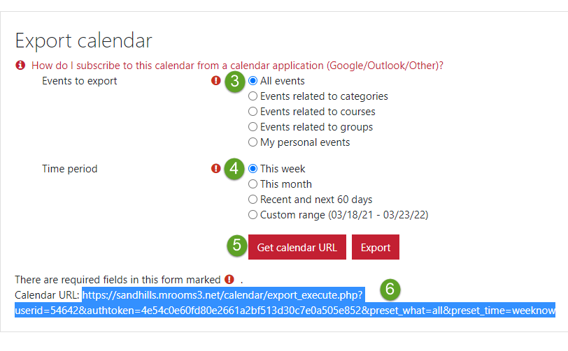 Screenshot of Calendar URL highlighted