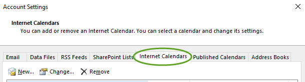 Screenshot of Internet calendar tab in Outlook