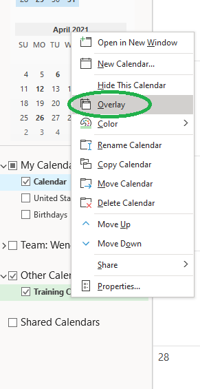 Screenshot of overlay option in Outlook