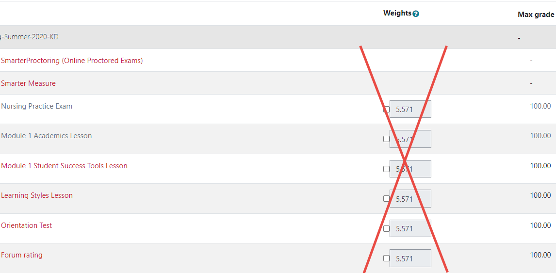 Screenshot of gradebook setup as natural aggregation with weight column crossed out.