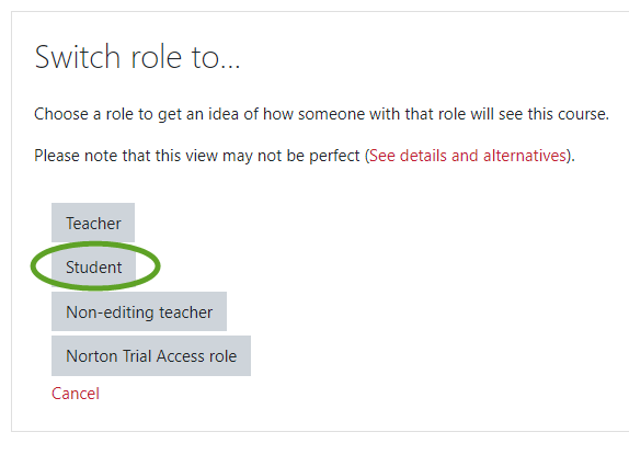 Screenshot of Student role on role type list