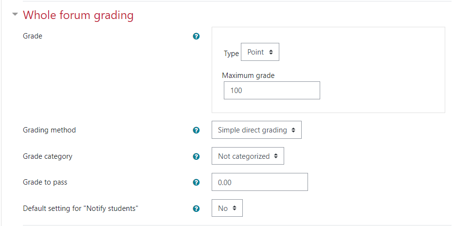 Screenshot of whole forum grading section in discussion forum settings