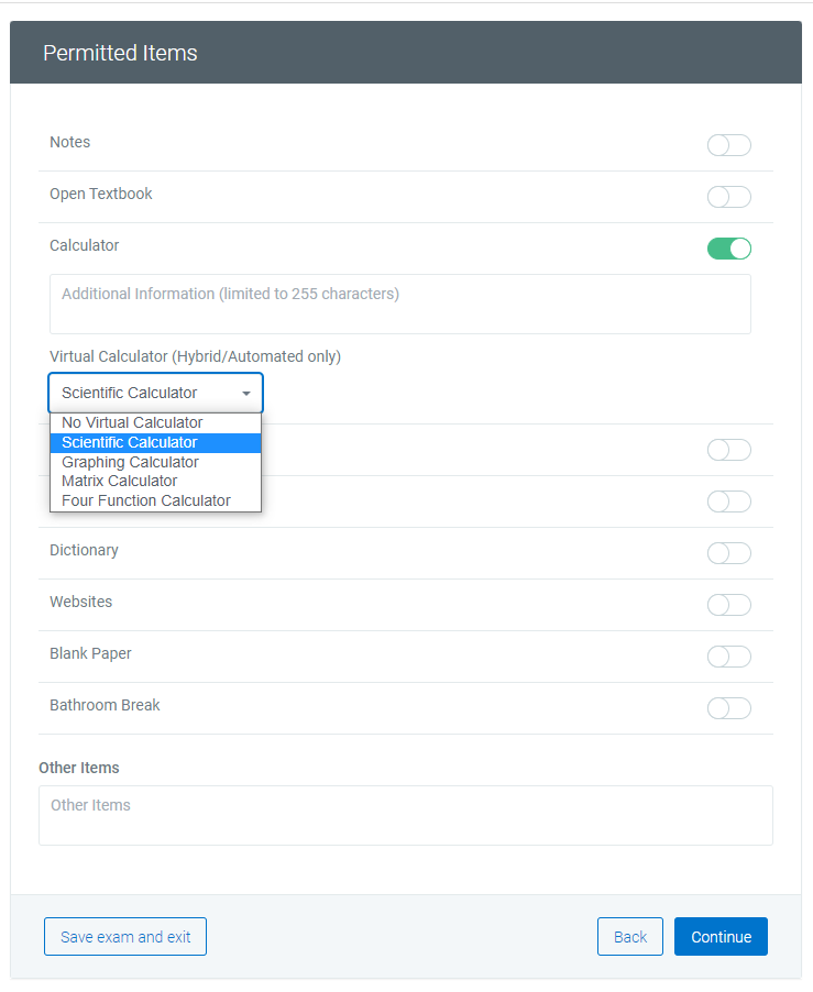 Smarter Proctoring permitted items list highlighting calculator options