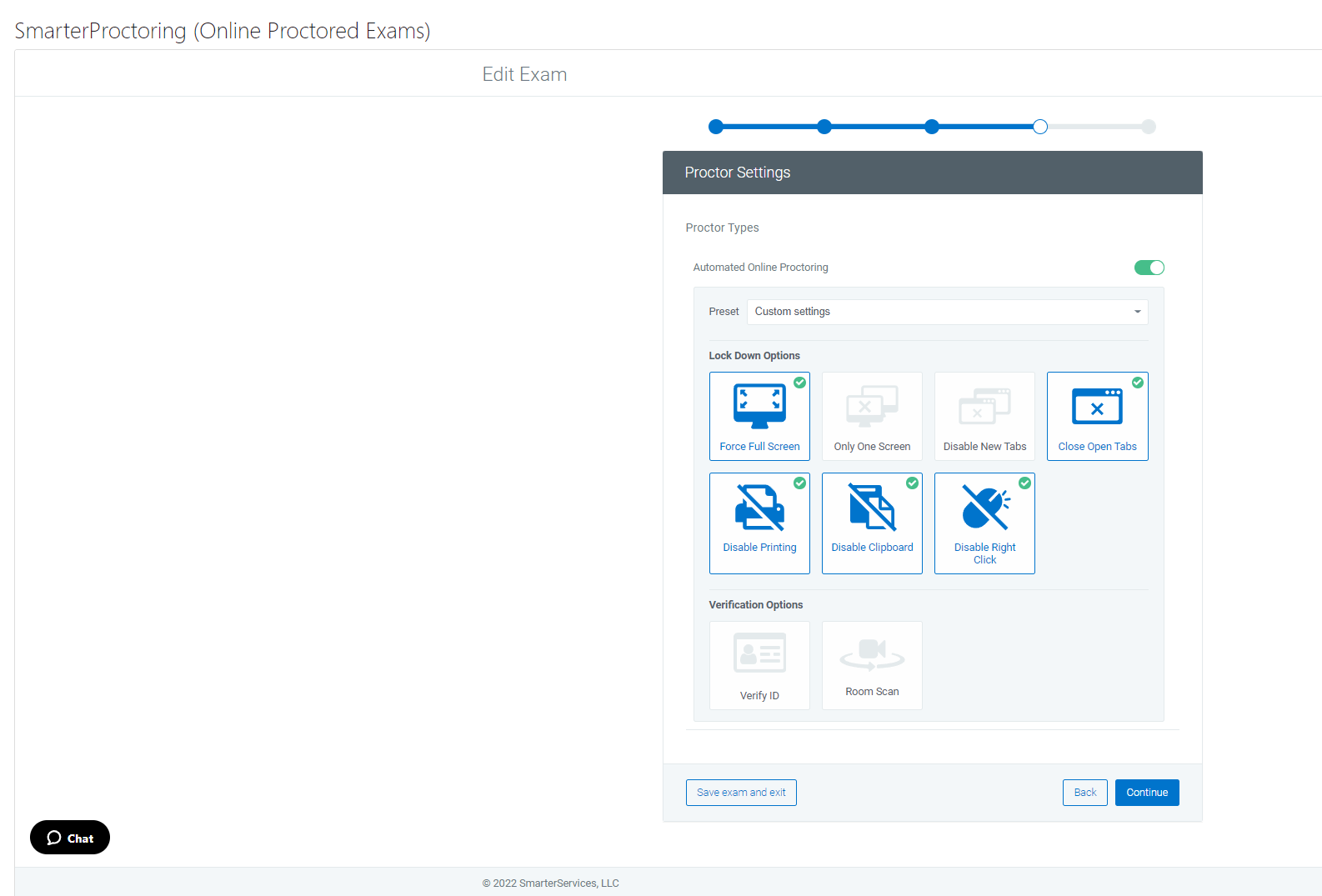 SmarterProctoring proctor settings list