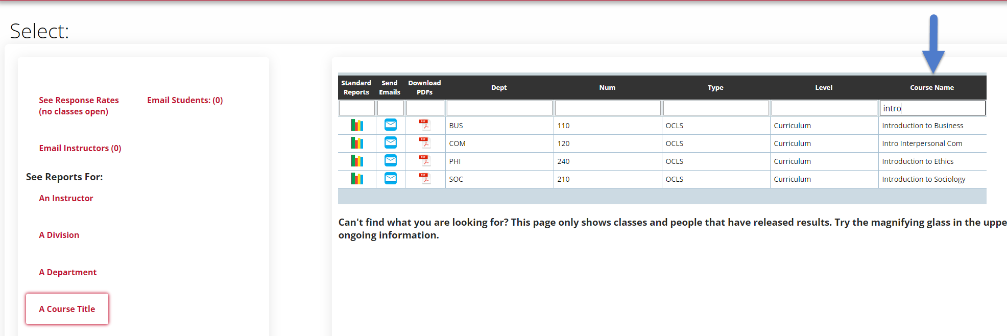 Arrow showing how courses are grouped by it's long name when the course titel filter is selected to see reports