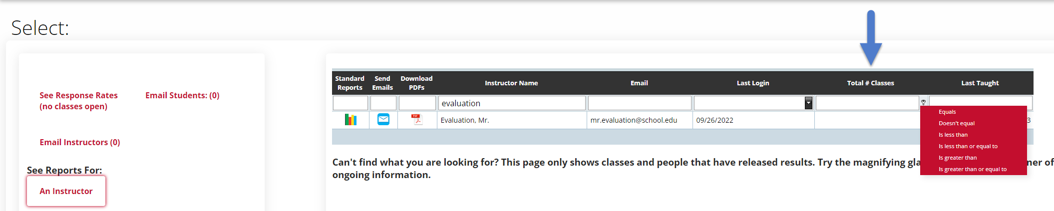 Arrow pointing to the Total number of classes column to show that filtering by instructor groups the instructor and displays how many courses they teach within the department