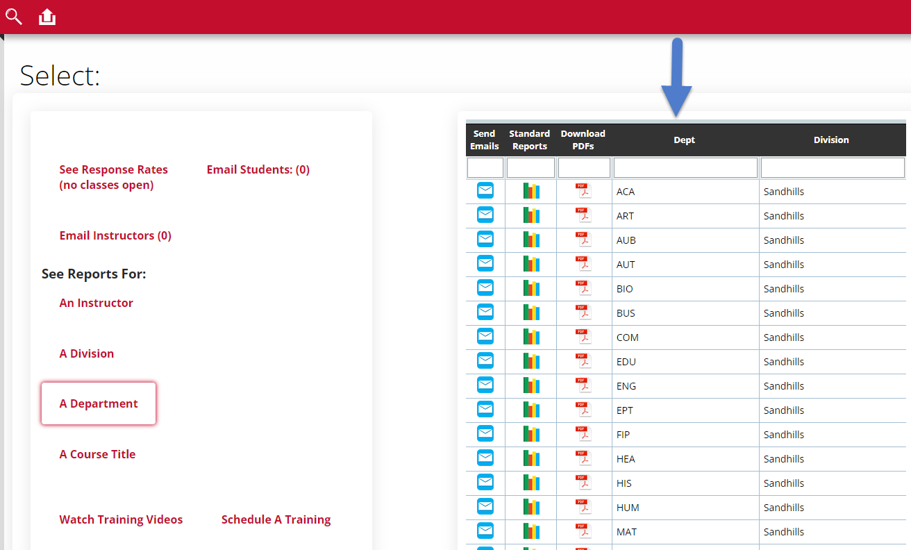 Arrow showing how courses are grouped by it's prefix when the department filter is selected to see reports