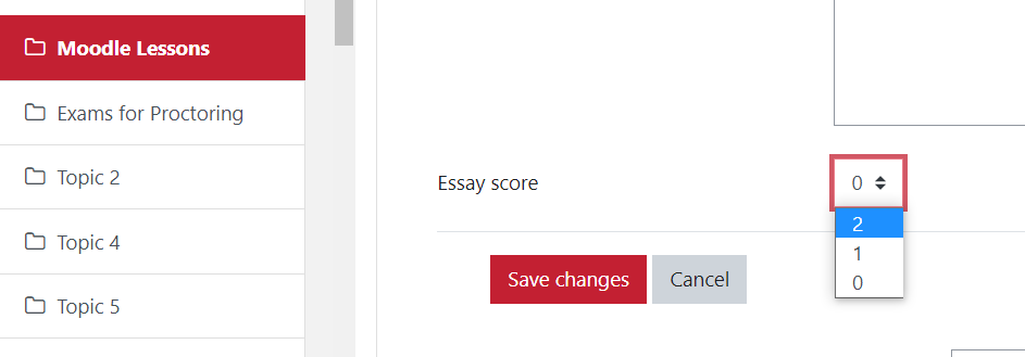 Essay score drop down list with Save Changes button