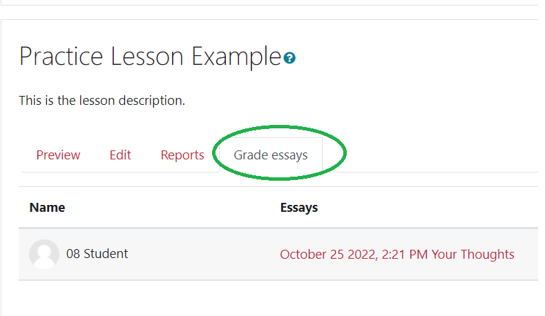 Grade essay tab in Moodle lessons