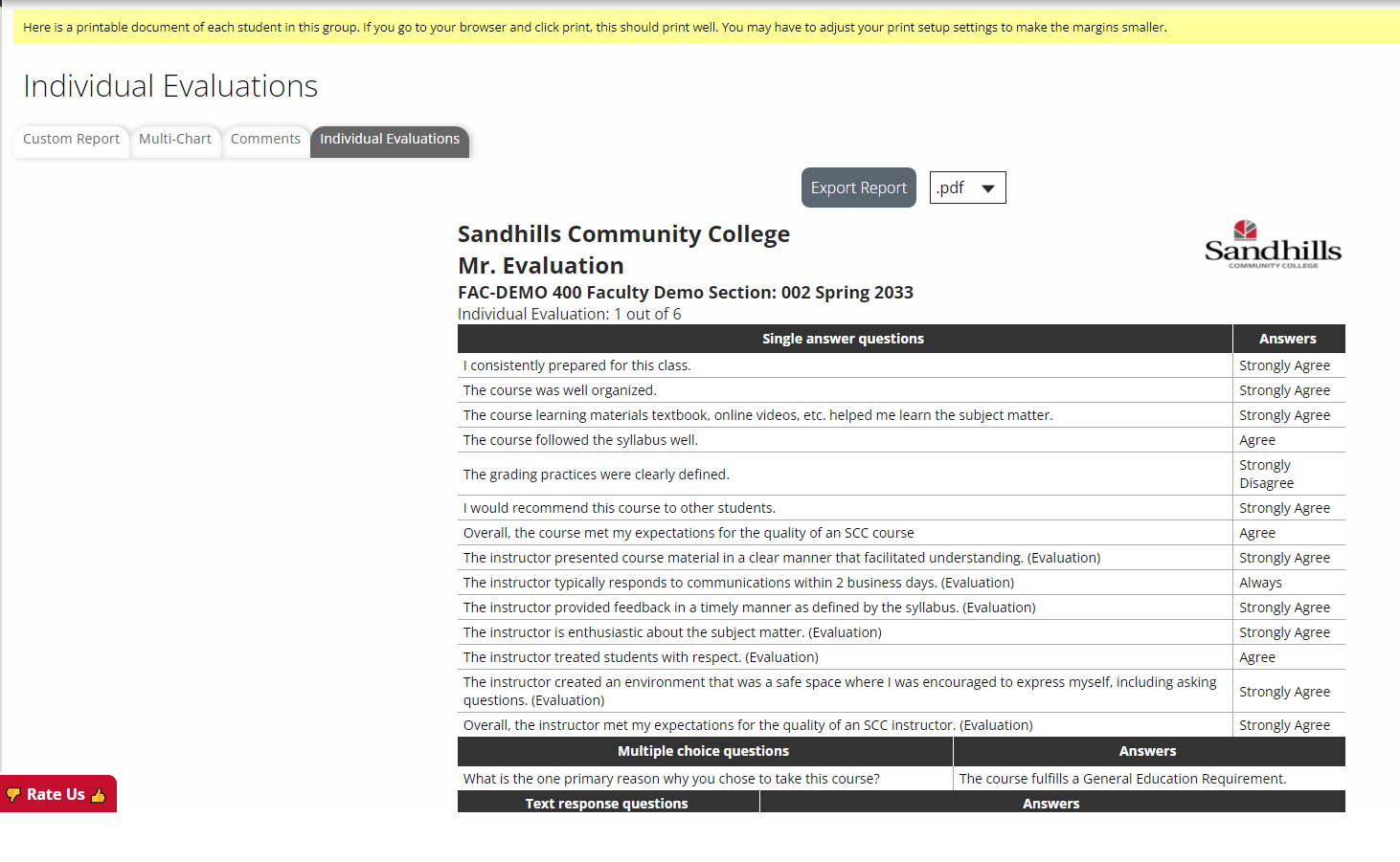 Individual Report tab data for course