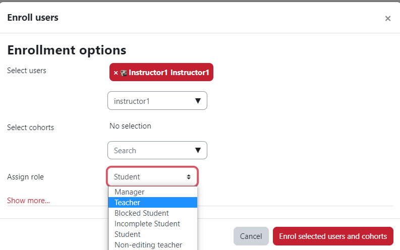 Assign role drop down list with Teacher option