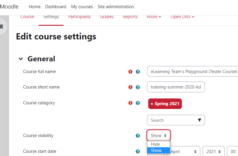 Course visibility option in course settings