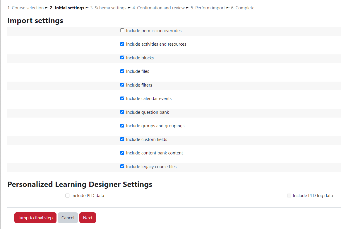 Import settings screen