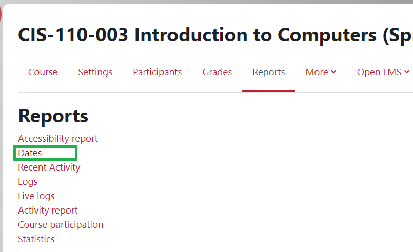 Reports tab with Dates option