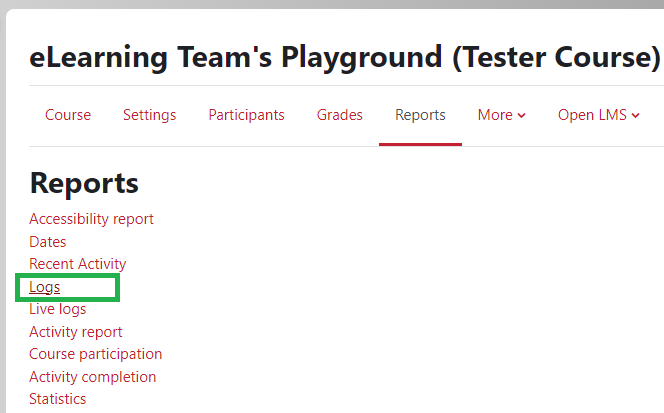 Course reports tab with logs option