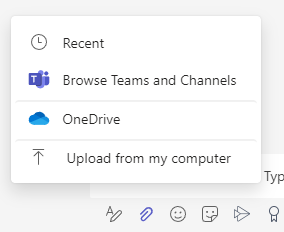 Attachment options: Recent, Browse Teams and Channels, OneDrive, and Upload from my computer