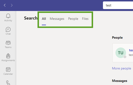 All, Messages, People, and Files tabs when a search is executed