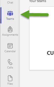 Arrow pointing to Teams icon on the lefthand navigation bar