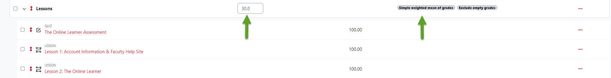 Green arrow pointing to 30.0 for the category weight and green arrow pointint to "Simple Weighted mean of grades" status as category aggregation