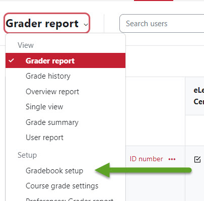 Green arrow pointing to Gradebook setup option under Grader Report dropdown menu