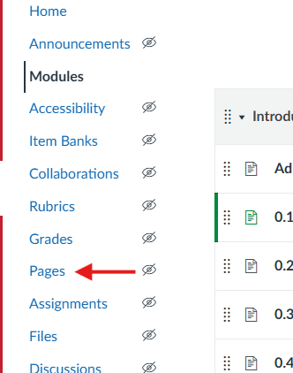 Courses navigation on Canvas with an arrow pointing to pages.