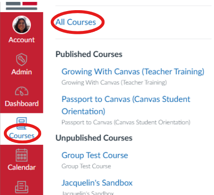 All courses in the side bar of Canvas.