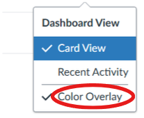 Dashboard view menu with a circle around Color Overlay.