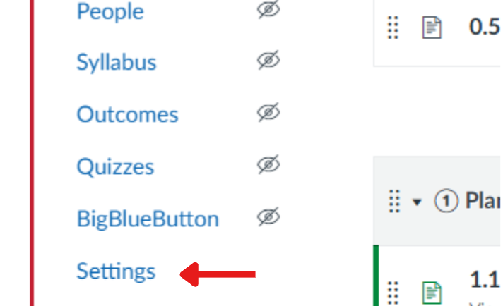 Navigation menu on Canvas with an arrow pointing at settings.