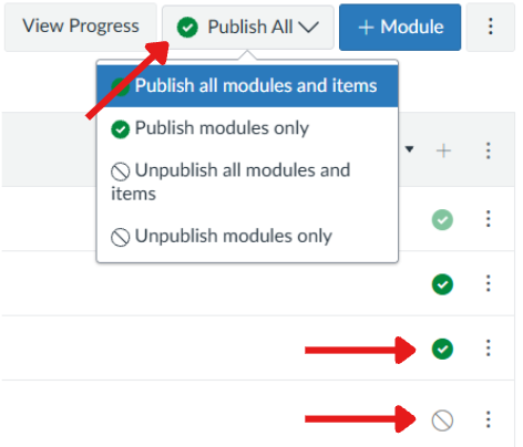 Green checks showing the modules are published and gray circle are unpublished. 